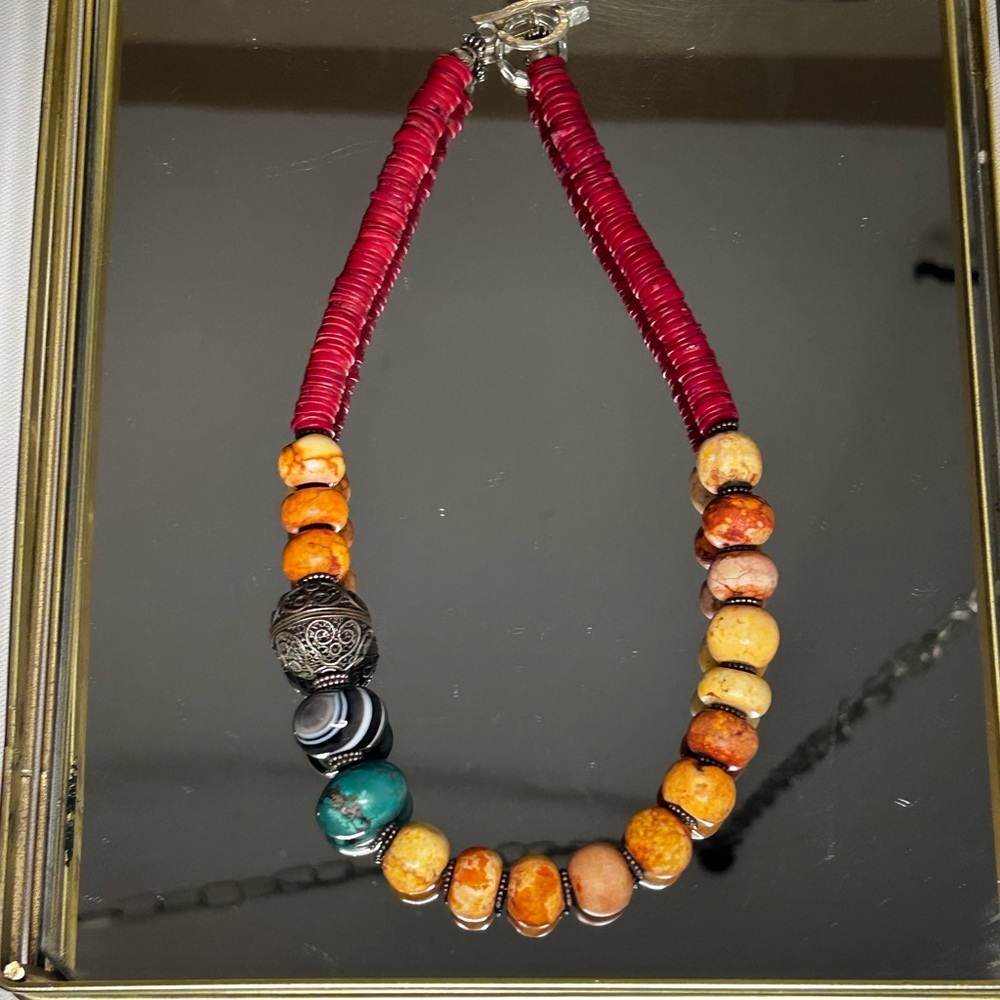 Handmade African beaded tribal choker necklace silver chunky onyx turquoise - Picture 16 of 16